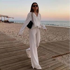 Matching flowy white set with button down